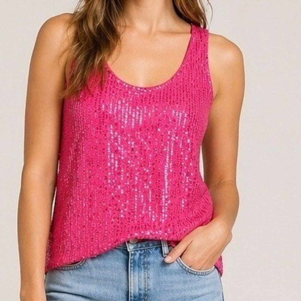 Hot Pink Sequin Tank Top Scoop Neck Sleeveless Party Blouse M Y2K Glam Party